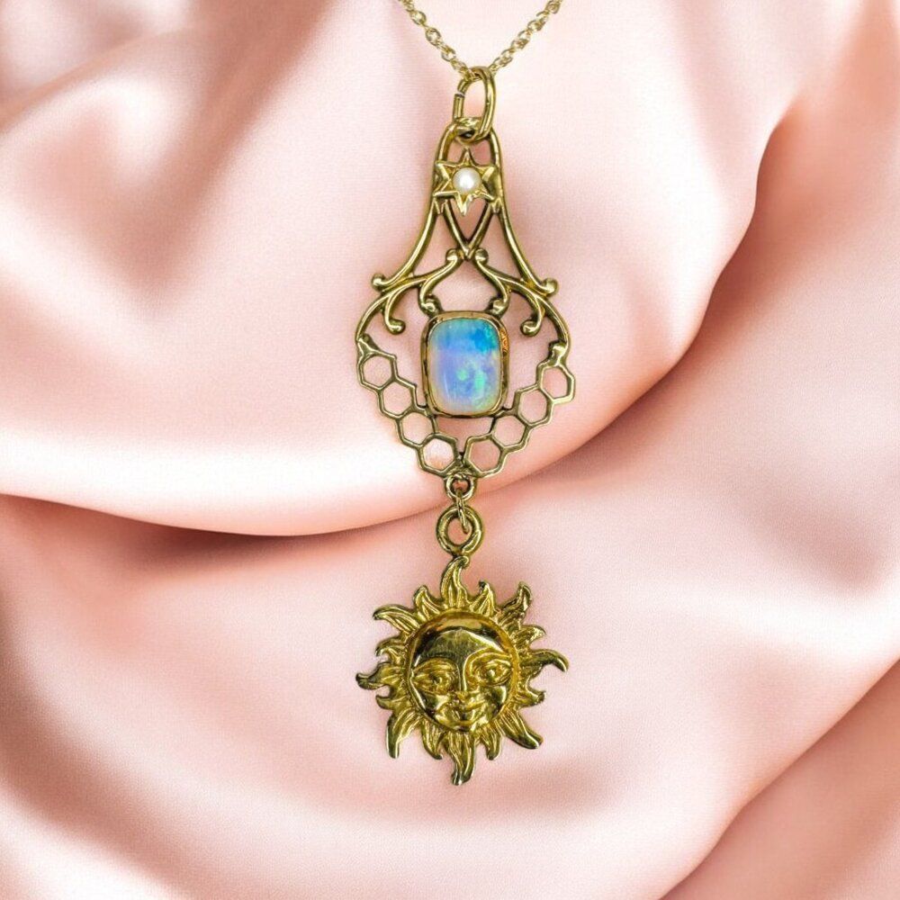 ANTIQUE- 10k Gold- Natural Opal & Seed Pearl Sun Necklace - Victorian Era- 2.1g